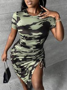 Slaydiva 迷彩印花側抽繩高衩連衣裙 - 彩色 - 查看 1