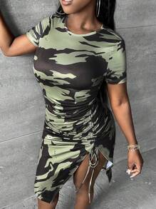 Slaydiva 迷彩印花側抽繩高衩連衣裙 - 彩色 - 查看 3