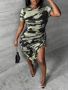 Slaydiva 迷彩印花側抽繩高衩連衣裙 - 彩色 - 查看 5