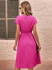 SHEIN LUNE Chất rắn Viền xếp Váy có thắt lưng - Màu Hồng Tươi - Xem 2