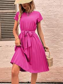 SHEIN LUNE Chất rắn Viền xếp Váy có thắt lưng - Màu Hồng Tươi - Xem 3