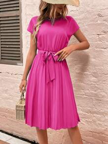 SHEIN LUNE Chất rắn Viền xếp Váy có thắt lưng - Màu Hồng Tươi - Xem 4