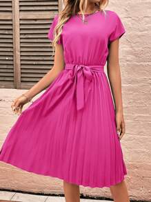SHEIN LUNE Chất rắn Viền xếp Váy có thắt lưng - Màu Hồng Tươi - Xem 5