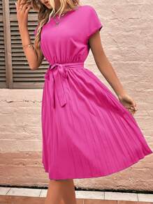 SHEIN LUNE Chất rắn Viền xếp Váy có thắt lưng - Màu Hồng Tươi - Xem 6