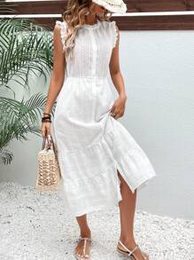 SHEIN Frenchy Eyelet Embroidery Ruffle Hem Dress - White - View 5