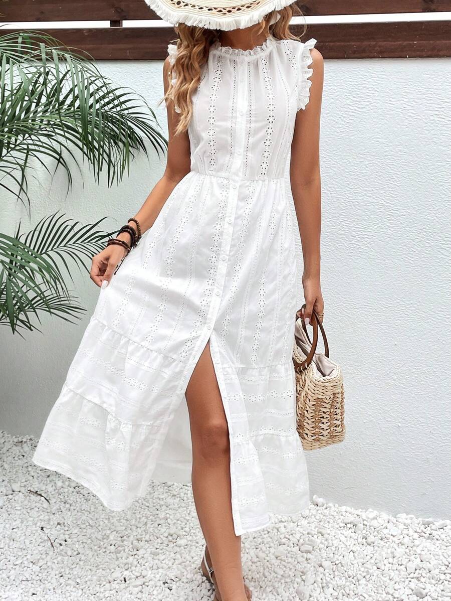 SHEIN Frenchy Eyelet Embroidery Ruffle Hem Dress - White - View 1