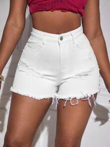 SHEIN SXY High Waist Ripped Frayed Hem Denim Shorts - White - View 3