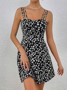 SHEIN VCAY 碎花前打結吊帶洋裝 - 彩色 - 查看 2