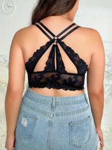 Plus Floral Lace Hook And Eye Placket Bra, Lingerie - Black - View 2