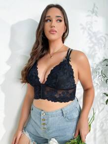 Plus Floral Lace Hook And Eye Placket Bra, Lingerie - Black - View 4