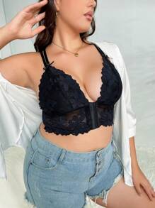 Plus Floral Lace Hook And Eye Placket Bra, Lingerie - Black - View 6