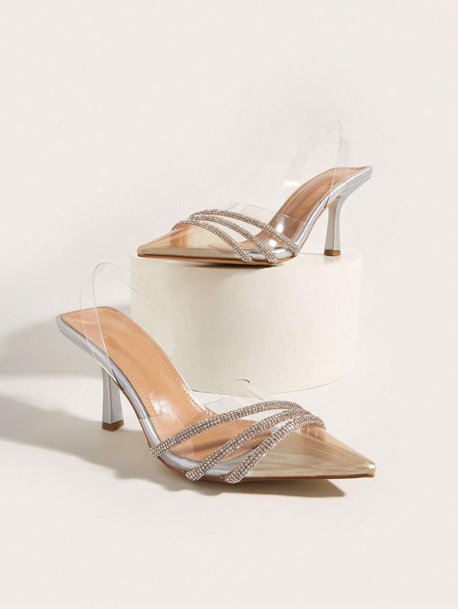 NỮ Đồ trang trí Rhinestone Chóp giầy nhọn Giày cao gót Stiletto Pumps , Duyên dáng PVC Gày cao gót hở gót chân Đối với Ngoài trời - Bạc - Xem 1