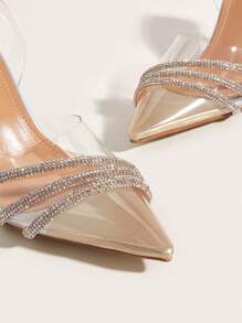 女士水鑽裝飾尖頭細高跟鞋,魅力四射PVC后提帶高跟單鞋適用於戶外 - 銀色 - 查看 4