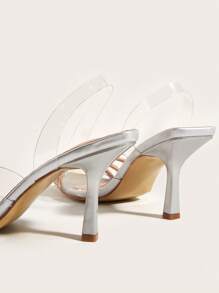 女士水鑽裝飾尖頭細高跟鞋,魅力四射PVC后提帶高跟單鞋適用於戶外 - 銀色 - 查看 5