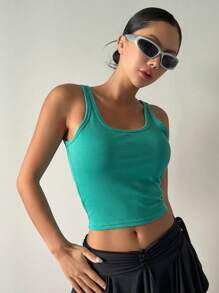 DAZY Solid Crop Tank Top Preppy Tops - Mint Green - View 4