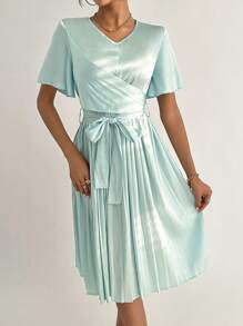 SHEIN Privé Chất rắn Viền xếp Váy có thắt lưng - Màu xanh nhạt - Xem 4