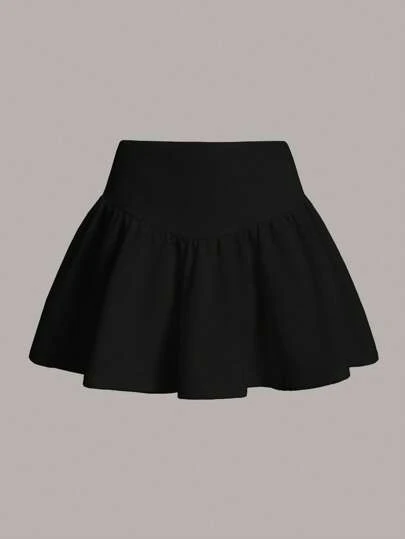 SHEIN MOD Minifalda negra con cinturilla ancha sólida y bajo con volantes