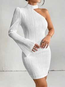 SHEIN Privé Asymmetrical Neck Split Hem Bodycon Dress - White - View 3