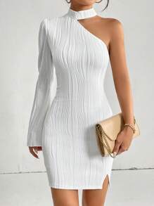 SHEIN Privé Asymmetrical Neck Split Hem Bodycon Dress - White - View 4