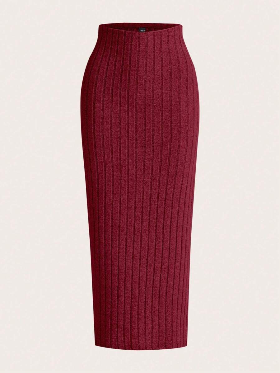 SHEIN EZwear Solid Ribbed Knit Pencil Skirt - Burgundy - View 1