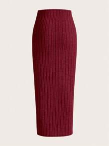 SHEIN EZwear Solid Ribbed Knit Pencil Skirt - Burgundy - View 2