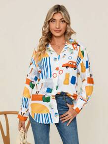 SHEIN Privé Đồ họa Hoạt hình Nút phía trước Áo sơ mi - Nhiều màu - Xem 6
