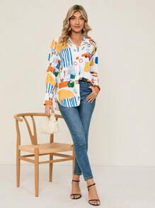 SHEIN Privé Đồ họa Hoạt hình Nút phía trước Áo sơ mi - Nhiều màu - Xem 3