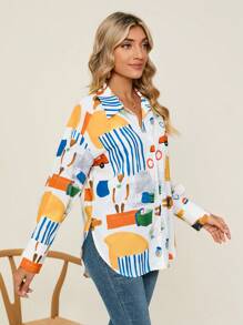 SHEIN Privé Đồ họa Hoạt hình Nút phía trước Áo sơ mi - Nhiều màu - Xem 4