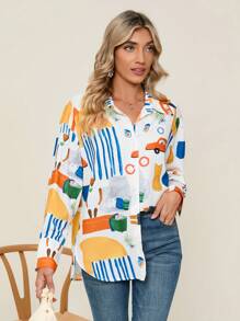 SHEIN Privé Đồ họa Hoạt hình Nút phía trước Áo sơ mi - Nhiều màu - Xem 5