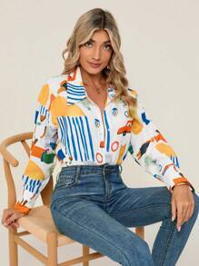 SHEIN Privé Đồ họa Hoạt hình Nút phía trước Áo sơ mi - Nhiều màu - Xem 1