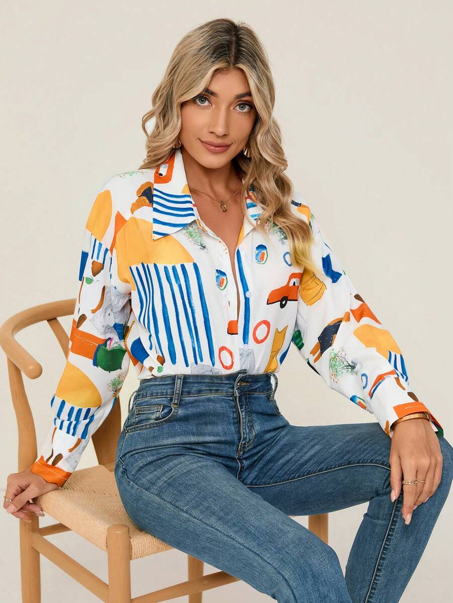 SHEIN Privé Đồ họa Hoạt hình Nút phía trước Áo sơ mi - Nhiều màu - Xem 1