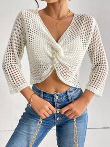 SHEIN Essnce Mặt trước xoắn Xu hướng: Cắt giảm Áo len Crop - Màu be - Xem 1