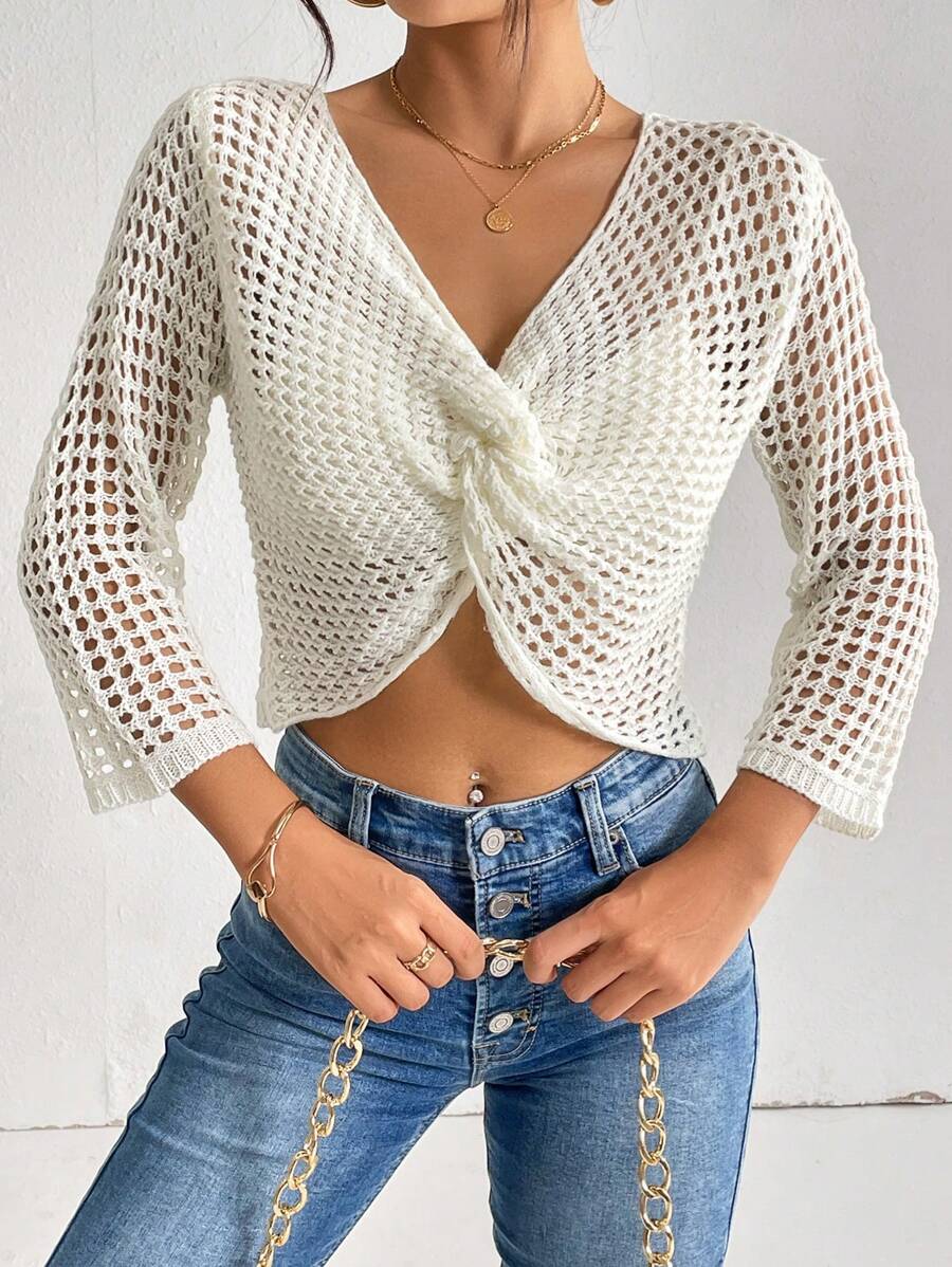 SHEIN Essnce Mặt trước xoắn Xu hướng: Cắt giảm Áo len Crop - Màu be - Xem 1