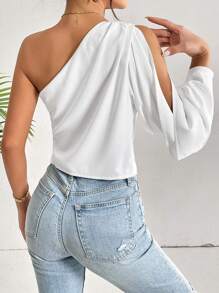 Firerie Elegant Chic Modest One Shoulder Lantern Sleeve Solid Blouse Beach Vacation, Summer Holiday, Tropical, Resort Wear, - White - View 3
