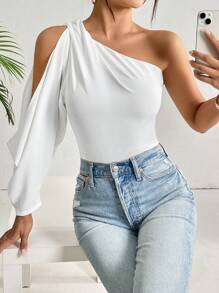 Firerie Elegant Chic Modest One Shoulder Lantern Sleeve Solid Blouse Beach Vacation, Summer Holiday, Tropical, Resort Wear, - White - View 4