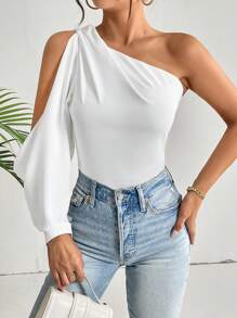 Firerie Elegant Chic Modest One Shoulder Lantern Sleeve Solid Blouse Beach Vacation, Summer Holiday, Tropical, Resort Wear, - White - View 6