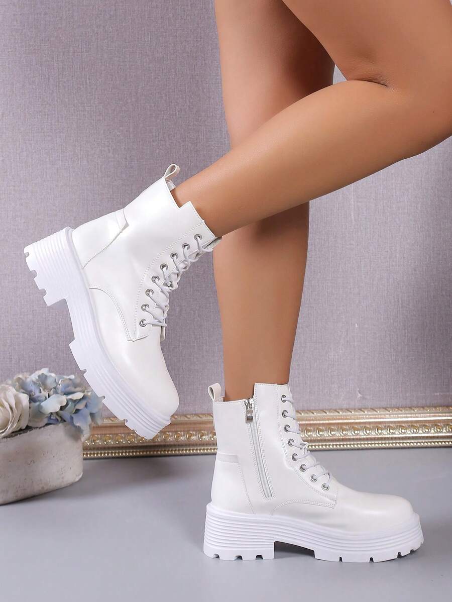 歐美風簡約時尚條紋底粗中高跟踝靴秋冬機車鞋 - 白色 - 查看 1