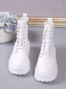 歐美風簡約時尚條紋底粗中高跟踝靴秋冬機車鞋 - 白色 - 查看 3