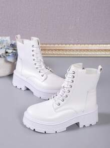 歐美風簡約時尚條紋底粗中高跟踝靴秋冬機車鞋 - 白色 - 查看 4