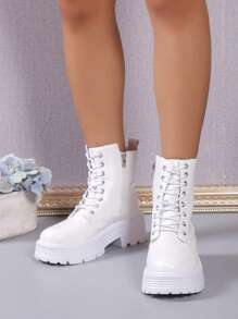 歐美風簡約時尚條紋底粗中高跟踝靴秋冬機車鞋 - 白色 - 查看 5