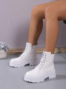 歐美風簡約時尚條紋底粗中高跟踝靴秋冬機車鞋 - 白色 - 查看 7