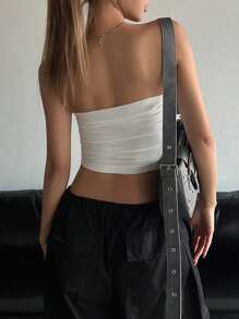 DAZY 純色蕾絲荷葉邊束腰無肩帶上衣 - 白色 - 查看 2