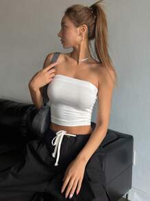 DAZY 純色蕾絲荷葉邊束腰無肩帶上衣 - 白色 - 查看 4