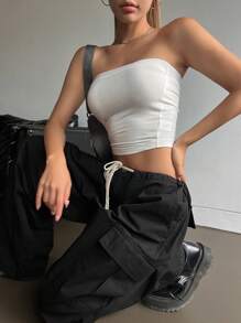 DAZY 純色蕾絲荷葉邊束腰無肩帶上衣 - 白色 - 查看 5