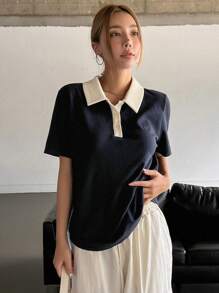DAZY Contrast Collar Embroidery Detail Polo Shirt
