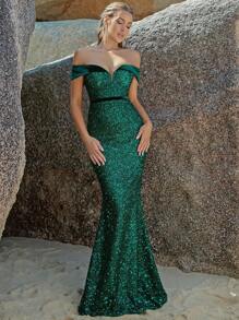 ADYCE Vestido de vestir de hombros descubiertos con lentejuelas bajo sirena - Verde - Ver 1