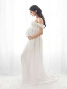 JustVH Maternity Off-Shoulder Floor-Length Dress For Maternity Photoshoot - White - View 5