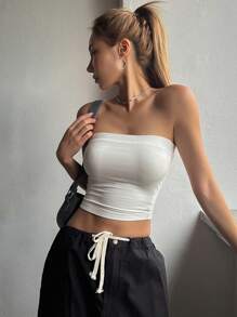 DAZY 純色蕾絲荷葉邊束腰無肩帶上衣 - 白色 - 查看 7