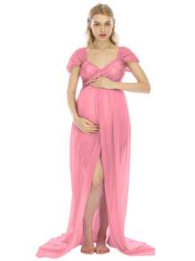 JustVH Vestido de maternidad de hombros descubiertos con envolvente y bajo con abertura para sesiones fotográficas de maternidad - Rosa - Ver 6