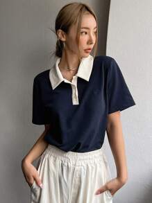 DAZY Contrast Collar Embroidery Detail Polo Shirt